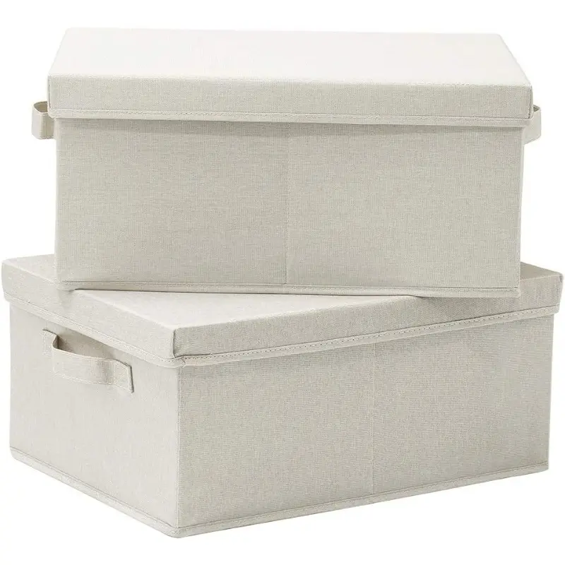Foldable Storage Bins with Lids 2 Pack Storage Boxes with Carrying Handles and Sturdy Heavy Cardboard 16.5 L x 11.8 W x 7.5 H for Shoes Books Clothes Linens Beige