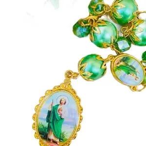 St Jude Bracelets Recuerfos - 12pcs Green Beads with Religious Charms in Clear Container