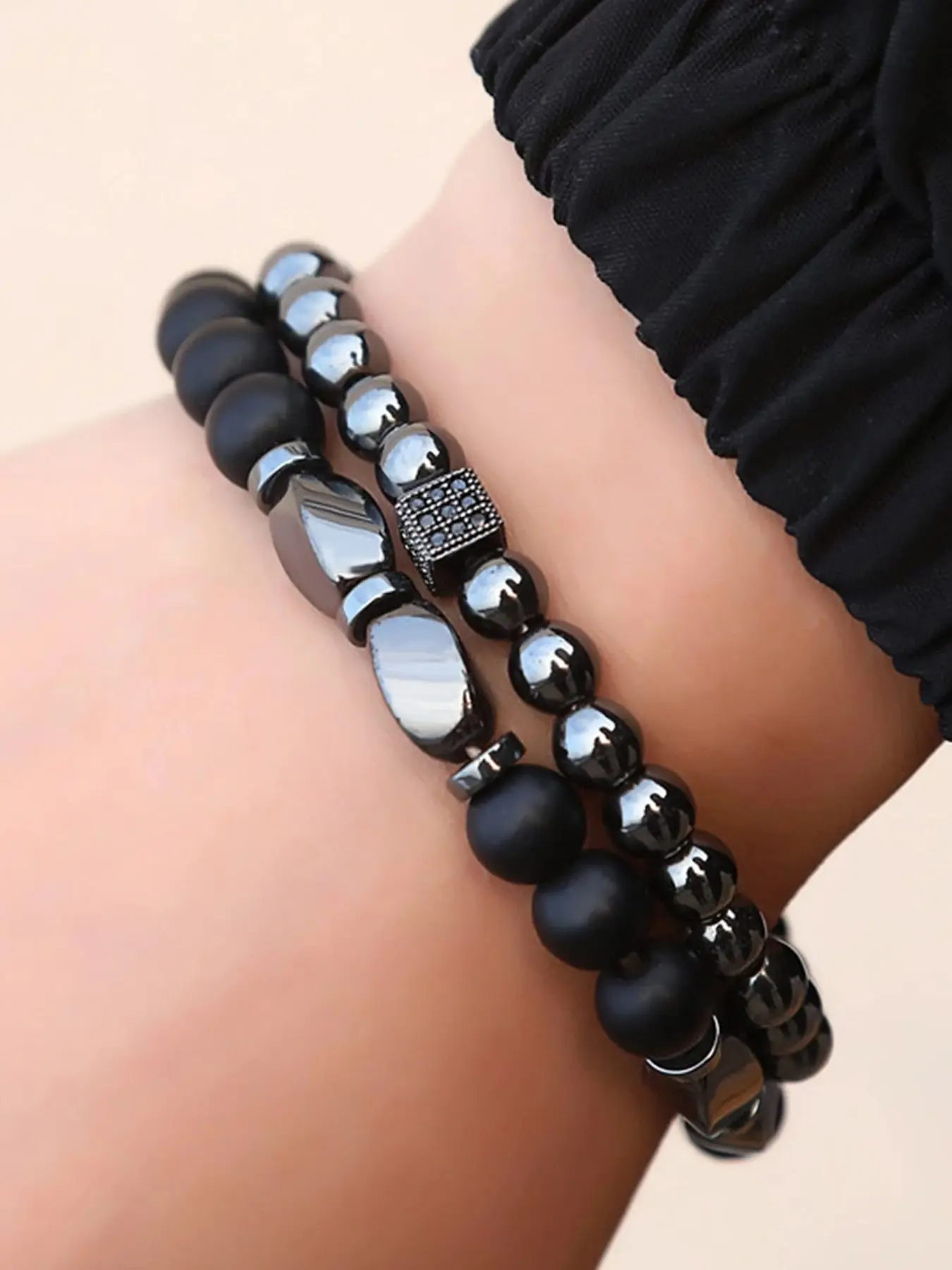 2pcs Retro Matte Black Stone Bead Bracelet Men,Vintage Beaded Bracelet for Jewelry Gift,Elastic Black Beads Bracelet Set Matte Onyx Prayer for Men Women, High Quality Exquisite Bracelet