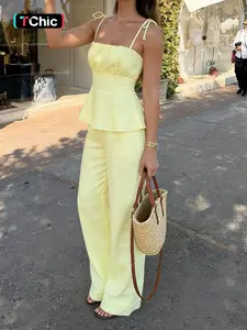 Pure Color Casual Simple Ruffled Cami Top Wide Leg Pants Two-Piece Set, High Waist Sleeveless Fitted H-Type Lightweight Womenswear