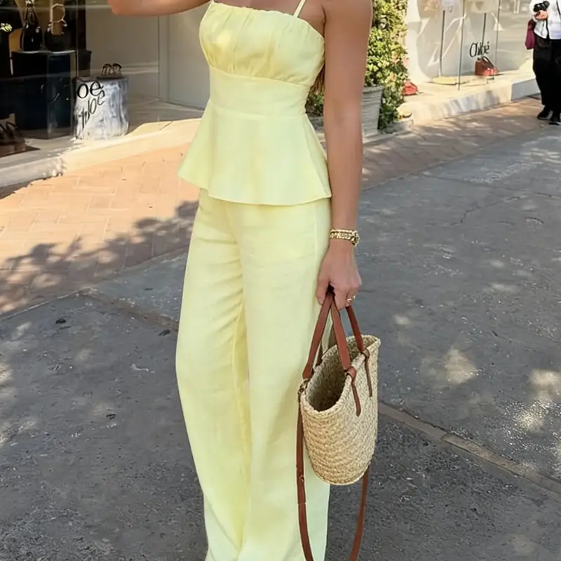 【Black Friday】Women's Solid Color Casual Peplum Cami Top & H-Line Wide-Leg Pants Two-Piece Set, High-Waisted Sleeveless Fitted Lightweight Outfit