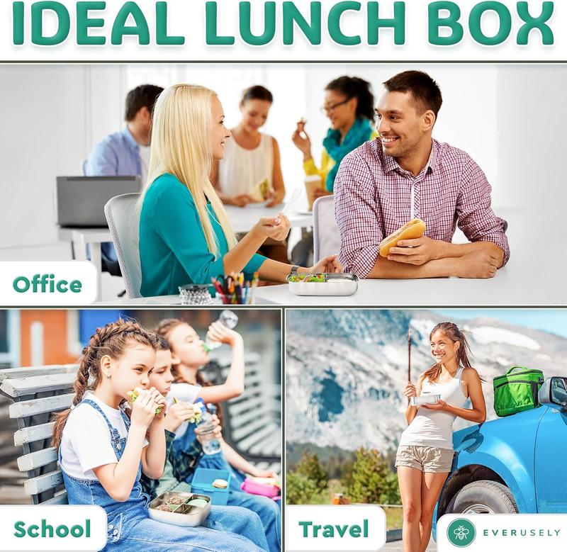 Everusely Stainless Steel Bento Box - 27oz / 0.8L - 3 Compartment Snack Organizer with Leakproof Condiment Container - Eco-Friendly & Dishwasher Safe Lunch Box