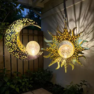 Solar  Lights for Outside Garden,Outdoor Metal Lanterns Sun Moon Lamp, Large Decorations for Yard Garden Patio Proch Tree Wall, Christmas Gifts for Women Mom