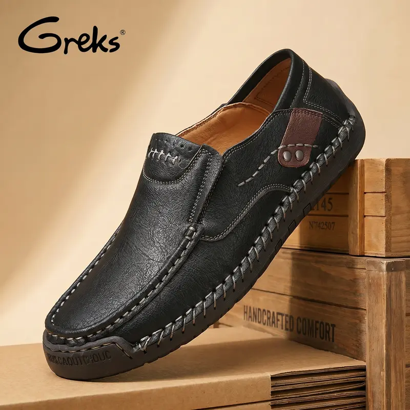 GREKS Men's Classic Slip-On Loafers, Solid Synthetic Leather Flat Shoes, Hand-Stitched Casual Footwear with a Rubber Sole