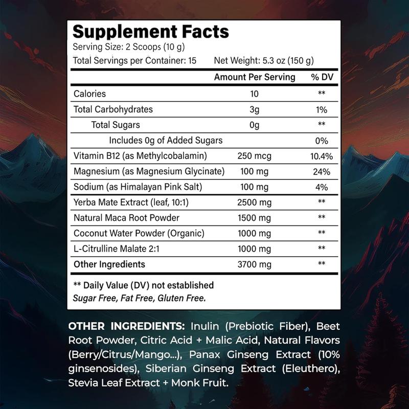 Yerba Mate Energy Drink Mix Powder with Maca, Ginseng, Beet Root, Electrolytes & B12 – Sugar-Free, Vegan, 5.3 oz (15 Servings)