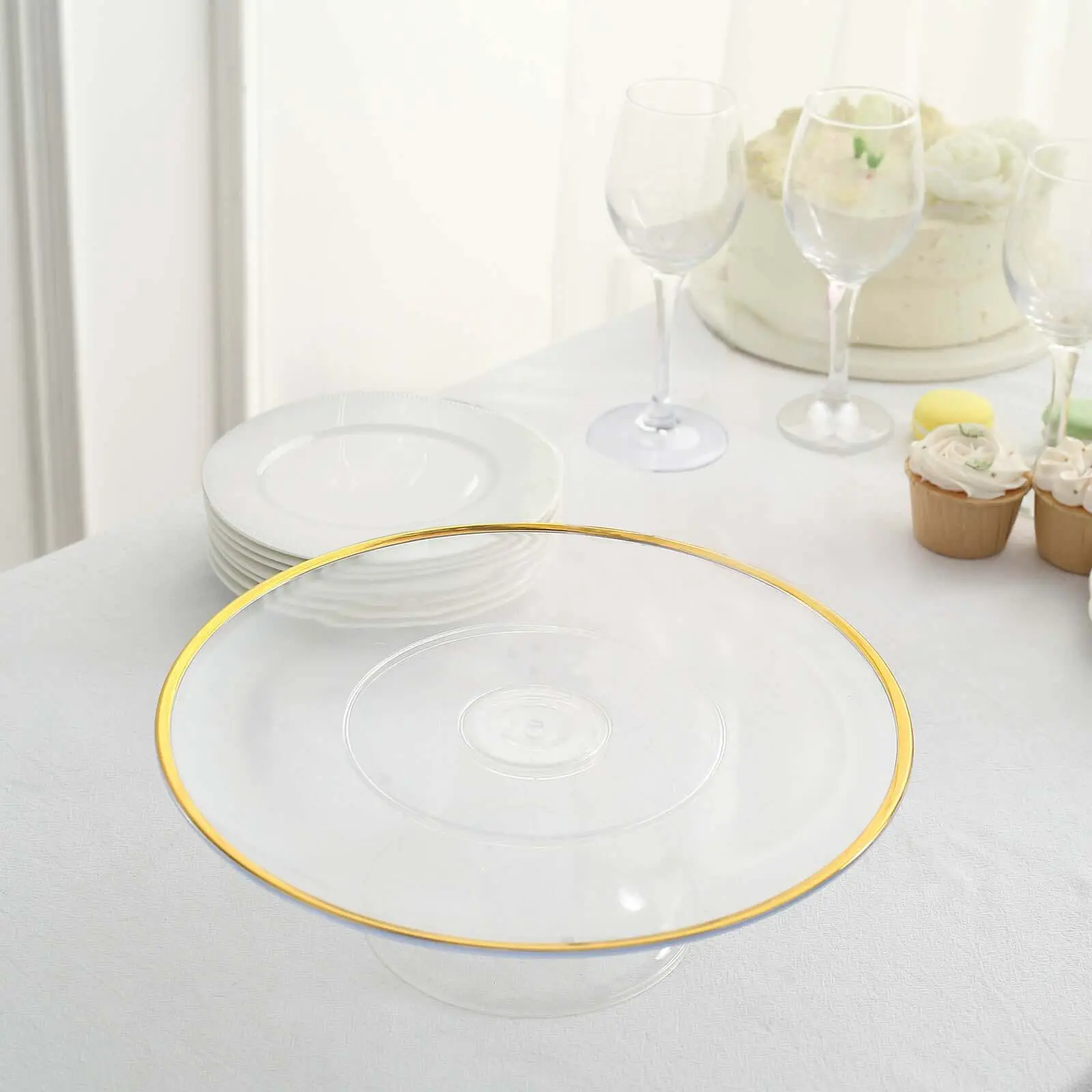 2-Pack Plastic Pedestal Cake Stands - 12" Transparent with Gold Rim, Glamorous Modern Romantic Decor, Reusable Themed Cake Decorations Cupcake Stands for Home & Event Use
