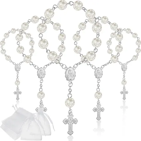 30Pcs Mini Rosaries Baptism Rosary Beads Acrylic Ivory Color Finger Baptism Rosaries Faux Pearls with Organza Bags for Christening Weddings Party Favors - Home Improvement.