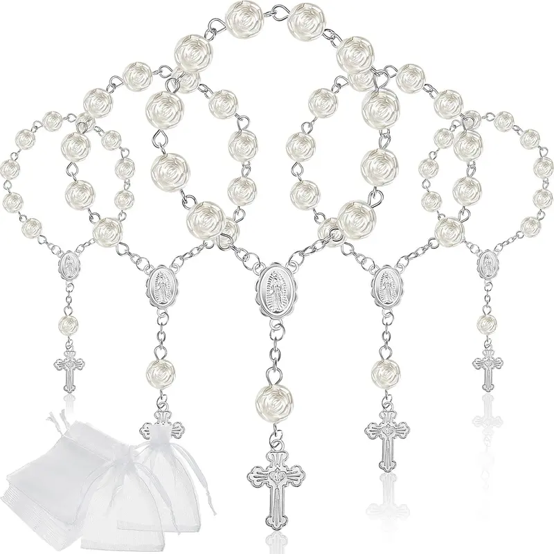 30Pcs Mini Rosaries Baptism Rosary Beads Acrylic Ivory Color Finger Baptism Rosaries Faux Pearls with Organza Bags for Christening Weddings Party Favors - Home Improvement.