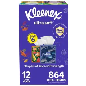 Kleenex Ultra Soft Hypoallergenic Facial Tissues 12 Boxes 72 tissues per box 3 Layers of Silky Soft Strength Clean Shield