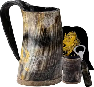 Viking Drinking Horn Mug Set 16 oz – Gifts for Men, Dad, Husband – Unique Viking Gift – Handmade Real Ox Horn Cup with Shot Glass & Opener (Natural Finish)