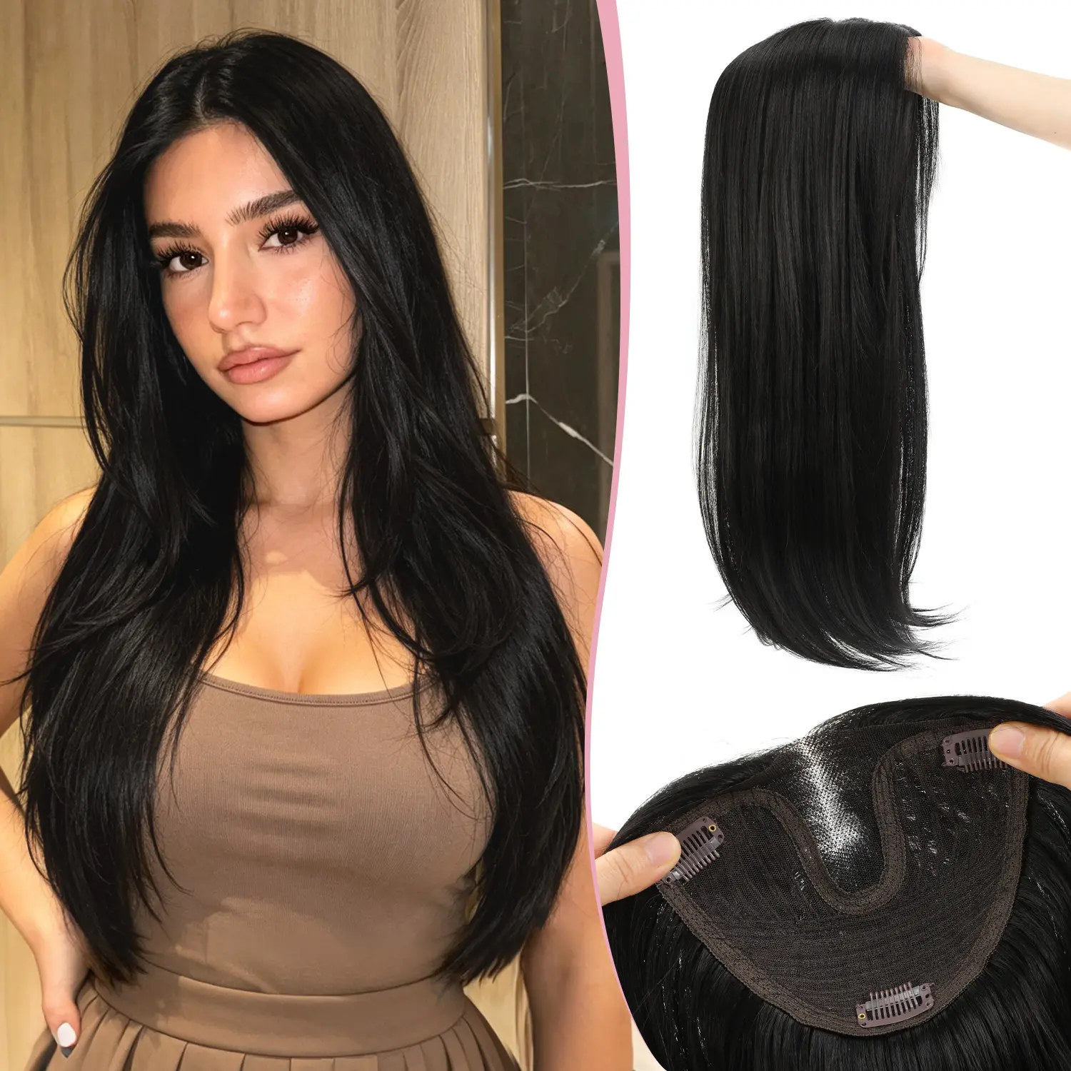 PANEWAY 22" Straight Hair Topper for Women, Lightweight Lace Front Synthetic Hairpiece with Clips & Invisible Line, Breathable 5.5"x6" Base for Natural Volume & Coverage