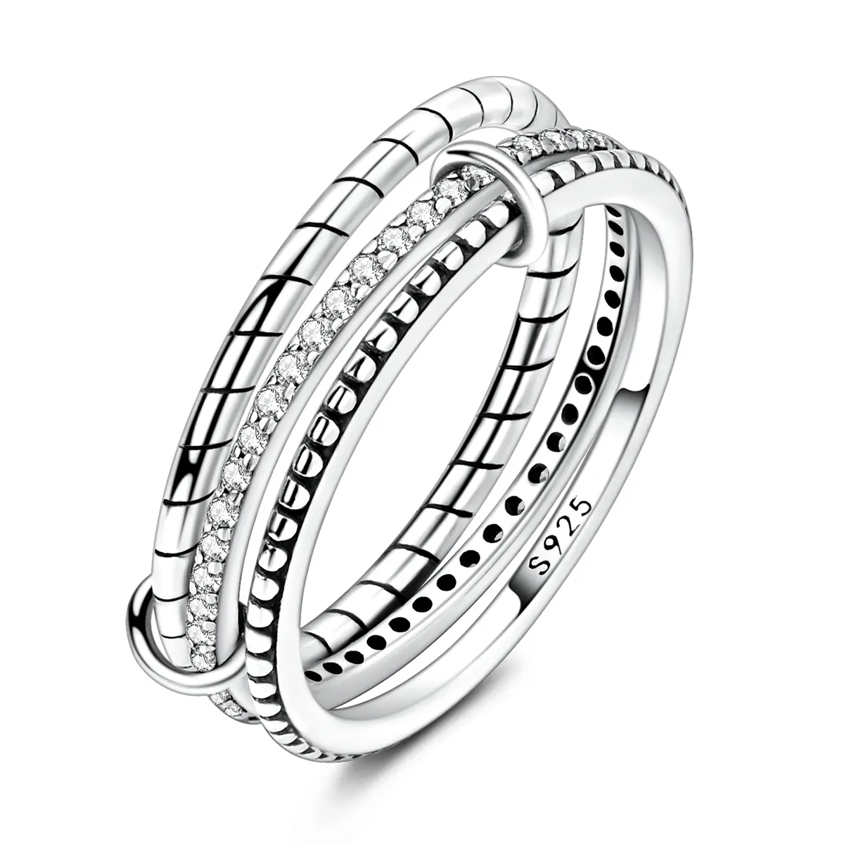 Women's 925 Silver Interlocking Stacking Ring - Geometric Triple Band with Textured Details, Cubic Zirconia, Casual Daily Jewelry Gift for Female Adults, Birthday, Everyday Wear, Hypoallergenic, Modern, Tarnish-Resistant, Valentine's Day