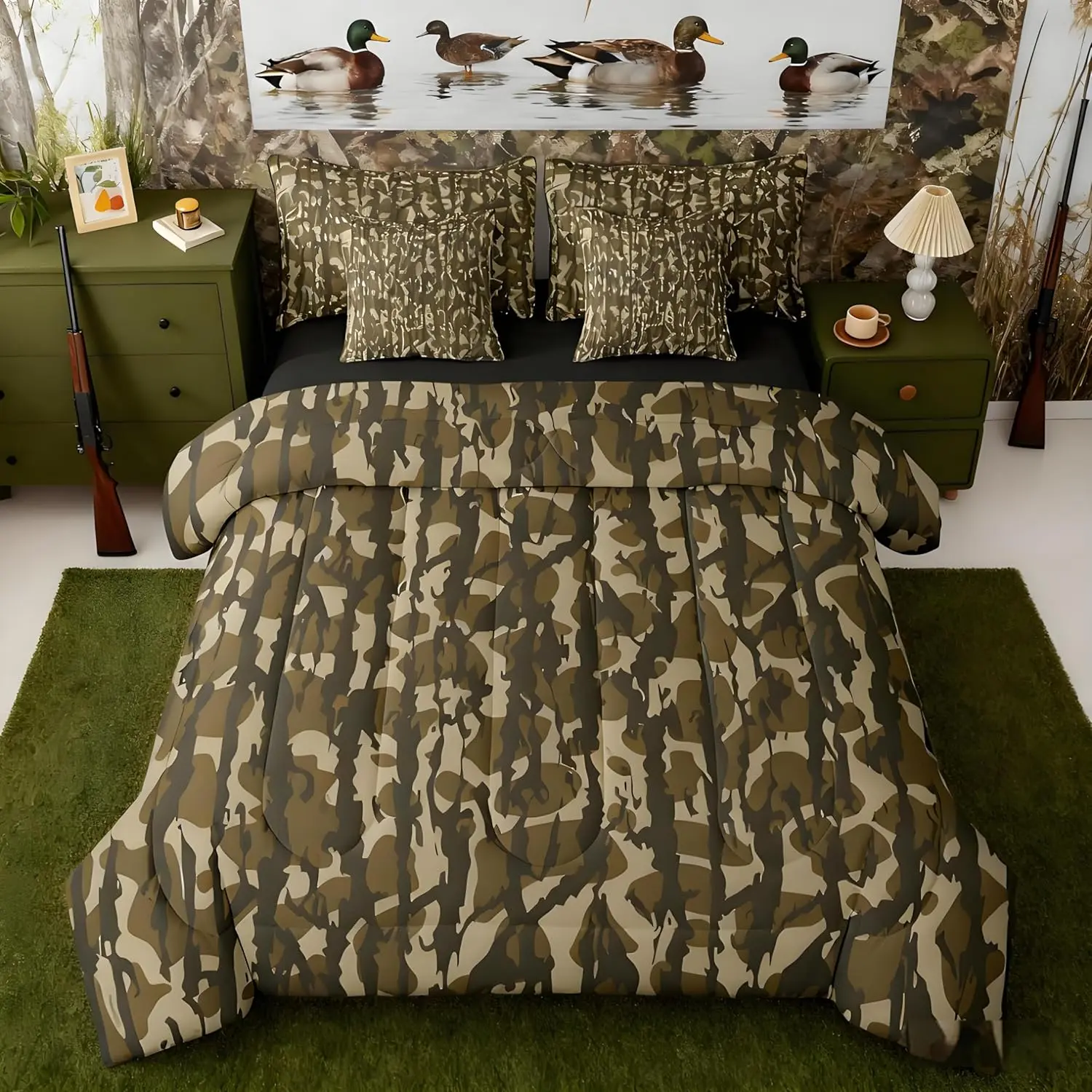 Camouflage 7 Piece Bedding Set,Kids Camo Bed in a Bag,Military Style Bed Set Includes Comforter,Sheet Set,Pillowcases & Pillow Covers Breathable Soft Army Green Room Decor