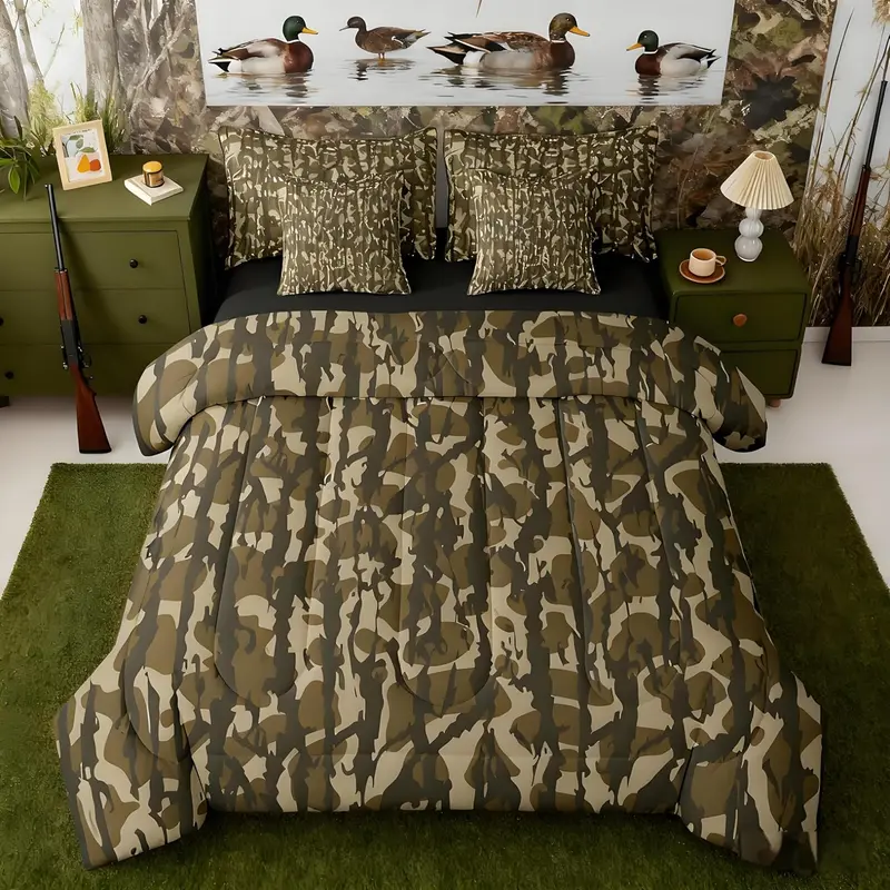 Feelyou 7-Piece Military Style Camo Print Bedding Set - Breathable Soft Microfibre Army Green Full Bed-in-a-Bag with Comforter, Sheet Set, Pillowcases for Kids' Rooms, Machine Washable, Lowheat Tumble Dry Home Decor