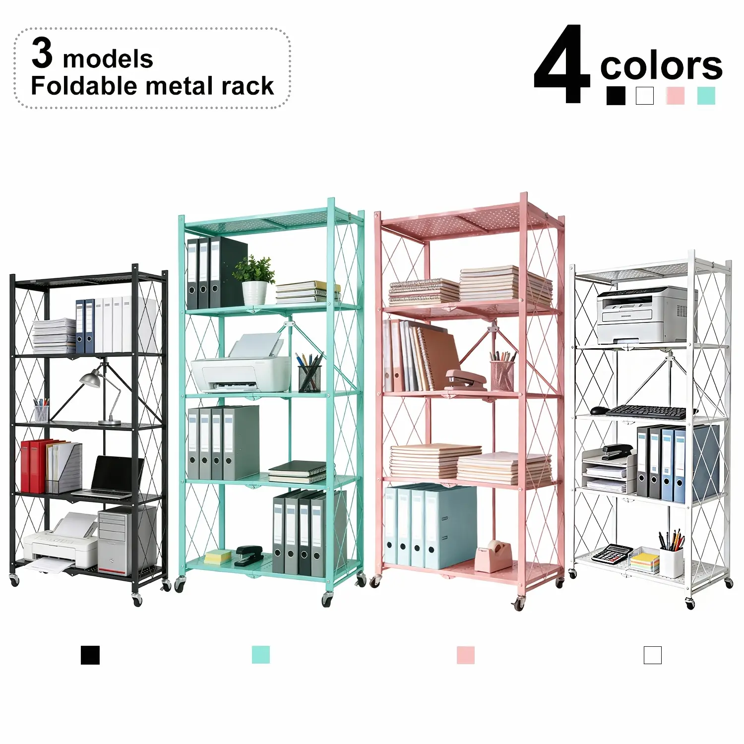 Heavy-Duty Folding Storage Rack with Wheels in 5/4/3 Tiers - a Portable Multi-Layer Shelf That Stands on The Floor, Requiring No Assembly. Ideal for Homes, Offices, Dorms, Bedrooms, And Studies; Perfect for Organization