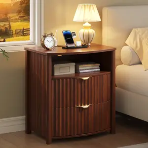 FREDEES Modern Fluted Nightstand, 19.7”W x 15.7”D x 23.6”H Curved Smart Bedroom Bedside Table with 2 Drawers, Gun Drawer, Card-Lock, 4-in-1 Charger Station, 3-Color LED Lights and 1 Type-C Port