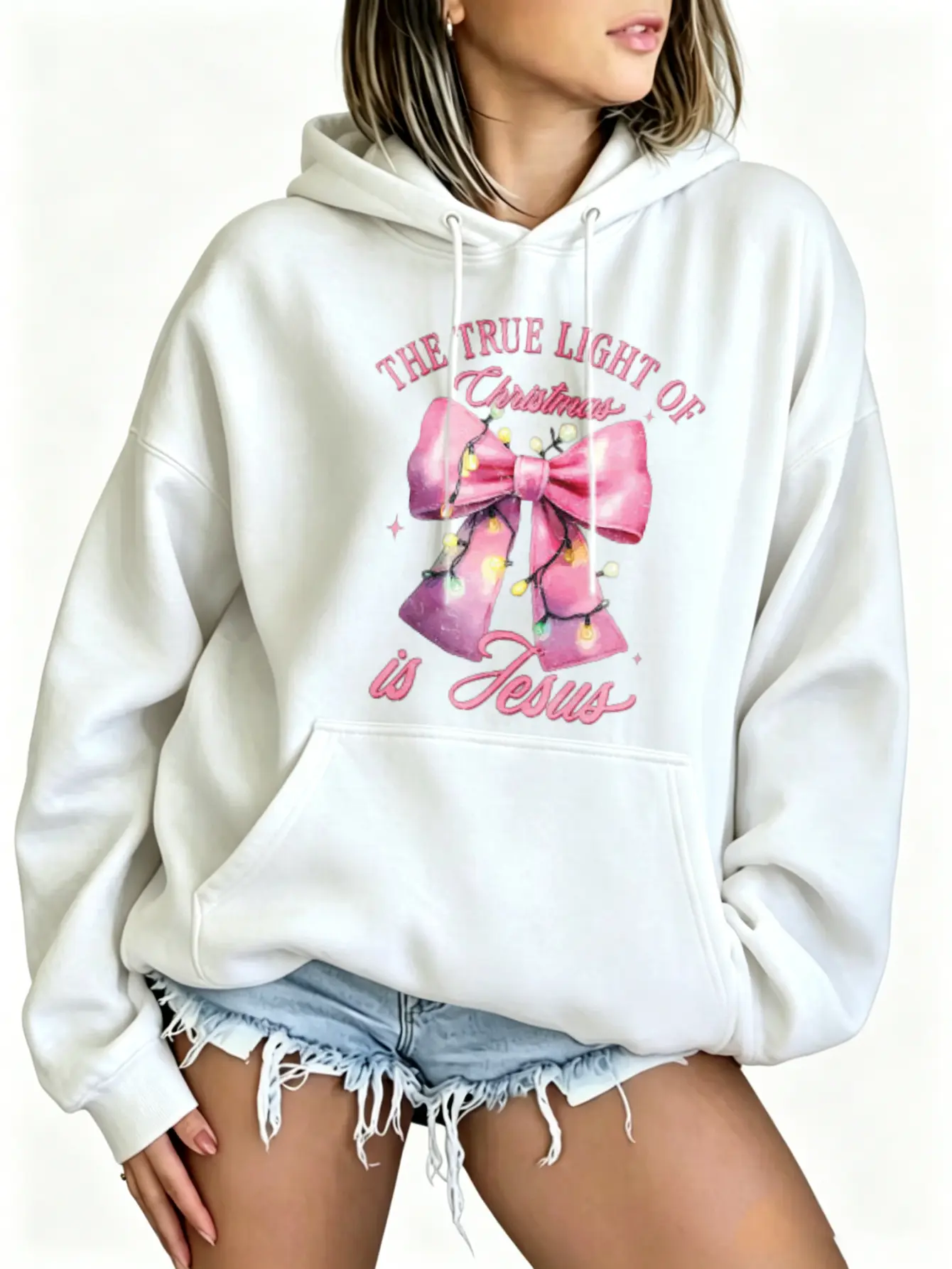 The True Light of Christmas is Jesus Hoodie Women Cute Pink Bow Lights Graphic Sweatshirt Christian Religious Holiday Apparel Casual Long Sleeve Pullover Pocket Tops Cozy Oversized Aesthetic Winter Clothes Trendy Xmas Gift Idea for Women