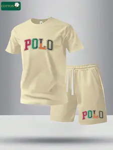 Men’s summer regular-fit cotton short-sleeve T-shirt and shorts set featuring a polo letter print. Fashionable casual menswear for going out, with pockets and an elastic waistband drawstring. Two-piece set suitable for running, golf, fishing, basketball,