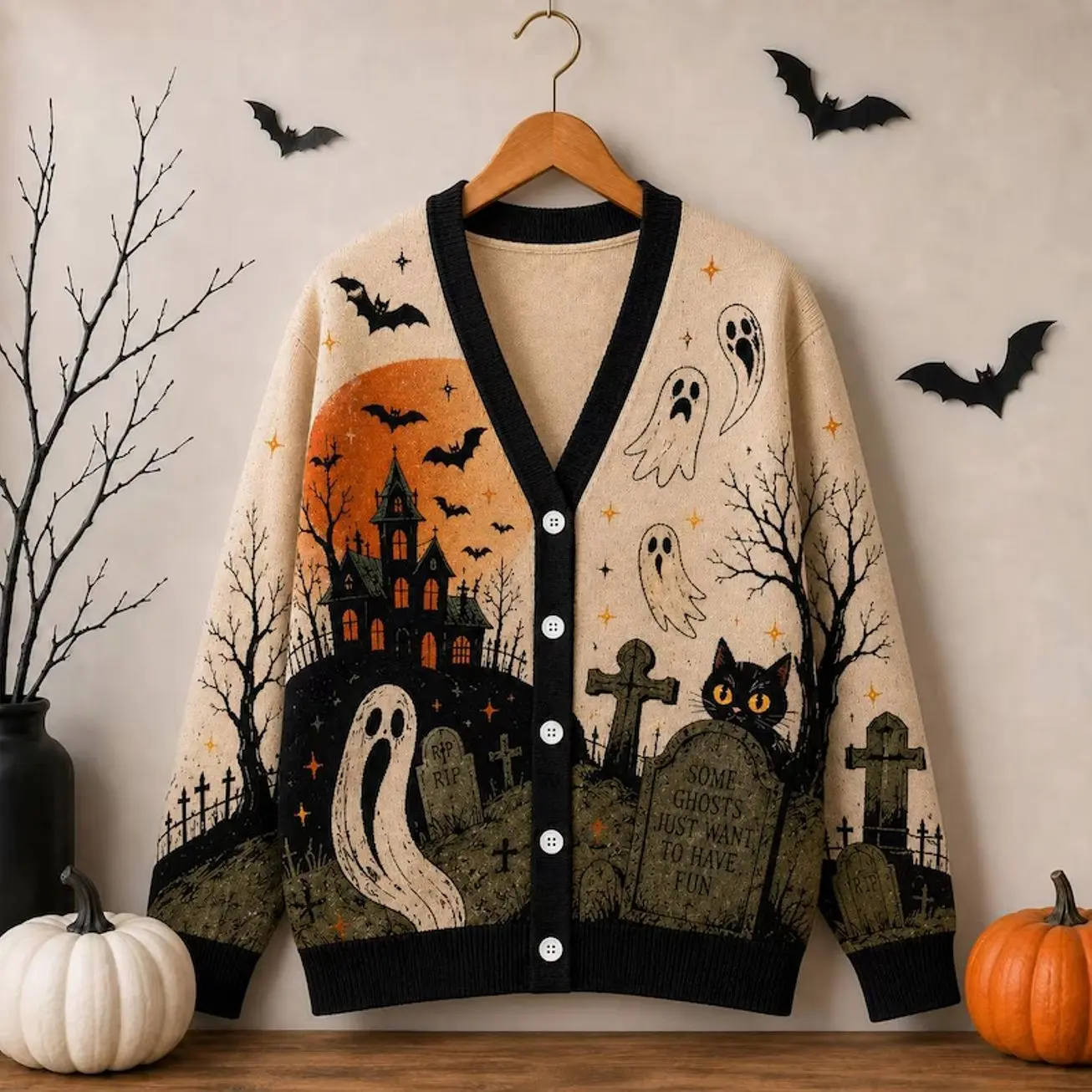 Haunted Graveyard Cardigan, Ghost Black Cat Haunted House Cream Knitted Halloween Button Sweater