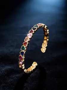 Boho Style 18k Gold-Plated Copper Heart Zircon Open Bracelet, Summer Colorful Bling Jewelry for Women, Beach Bangle Accessory