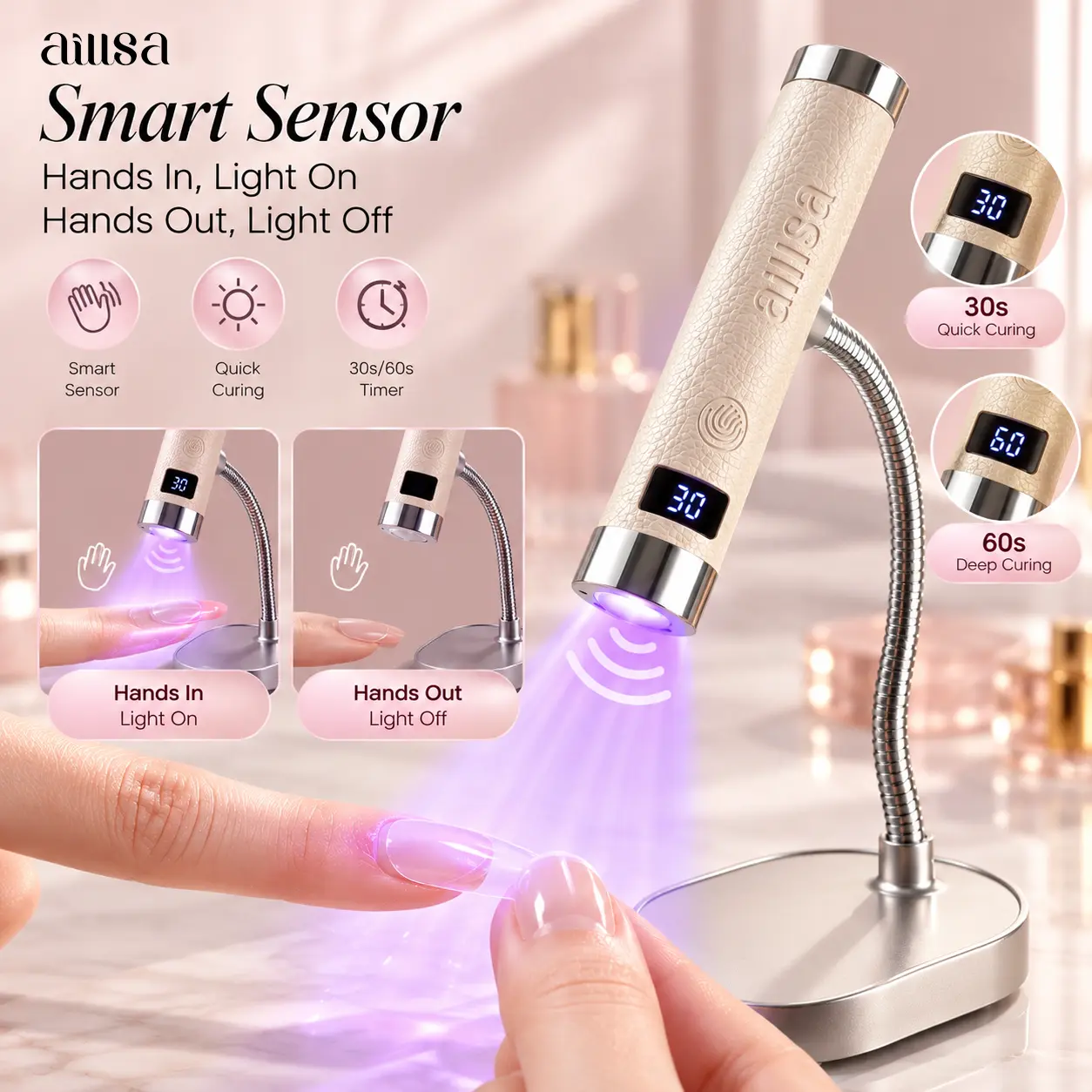 AILLSA 3-in-1 Flash Cure Nail Lamp with Magnetic Stand, Rechargeable Cordless UV LED Nail Light, Smart Sensor, 360° Adjustable Gooseneck, Portable for Gel X Nail Tips & DIY Nail Art