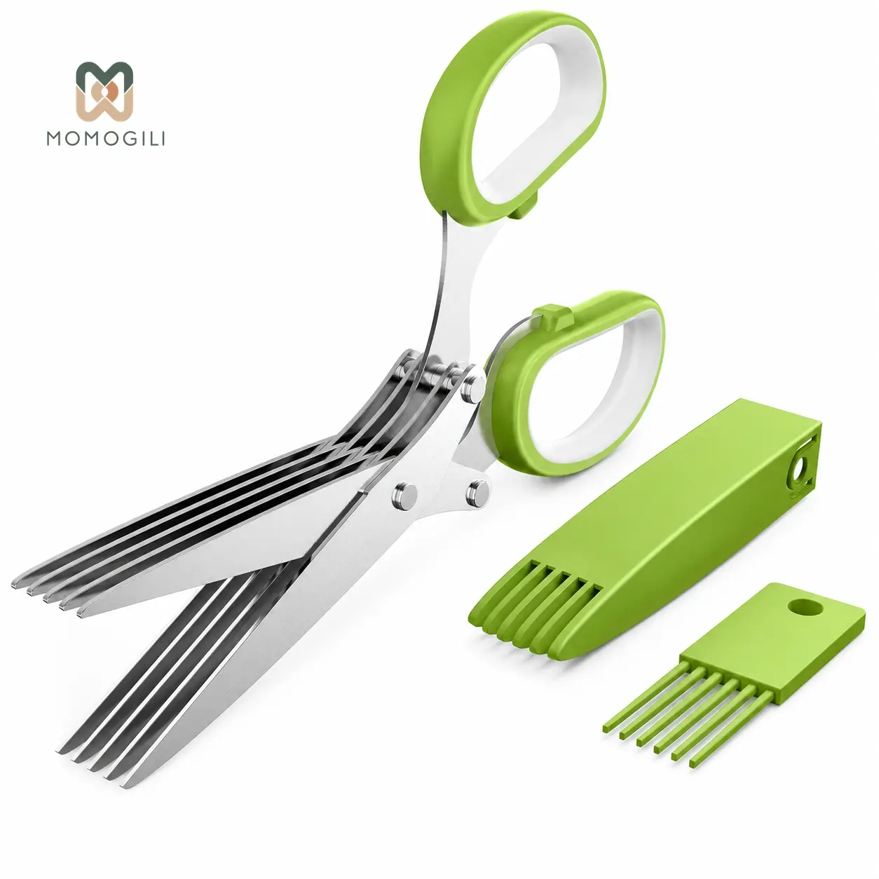 MOMOGILI Herb Scissors with 5 Blades & Cleaning Kit, Stainless Steel Kitchen Shears for Herbs, Lettuce, Cilantro, Dishwasher Safe, Soft-Grip Handle, Must-Have Kitchen & Cooking Gadget