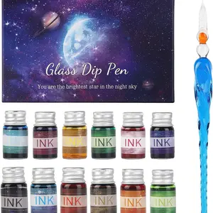 Glass Dipped Pen Ink Set, Handmade Crystal Calligraphy Pen, 12 Colorful Inks, Art, Signatures, Drawing, Decoration, Beginner Kit