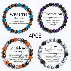 4Pcs Crystal Bracelet Set Tiger Eye Stone Jewelry for Wealth Protection Confidence & New Beginnings Enhances Energy Shield Aura Boosts Courage Perfect for Daily Wear Work & Fresh Starts