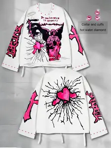 Hot water drill cut hole cross long sleeved hoodie for men, Gothic letters, ins style cross red heart print long sleeved trumpet sleeve t-shirt for men and women, street life clothes, Garment, Menswear, casual trend in spring and autumn, Grunge Streetwear