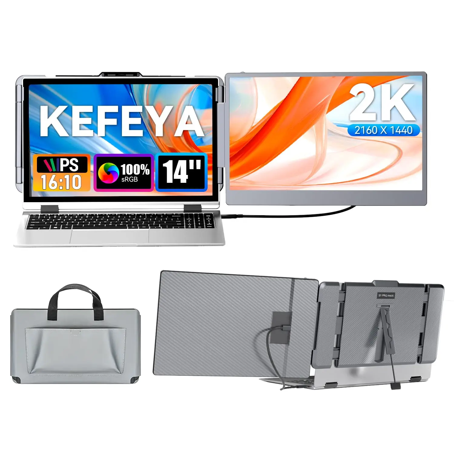 KEFEYA Laptop Screen Extender 2K, 2160x1440 QHD Laptop Monitor Extender Dual Screen, 14” Portable Monitor for Laptops 13-17" with USB-C/HDMI Port, Plug n Play for Windows/Mac/Android/Switch/PS5 tiktokshopbacktoschool,back to school,back to school haul