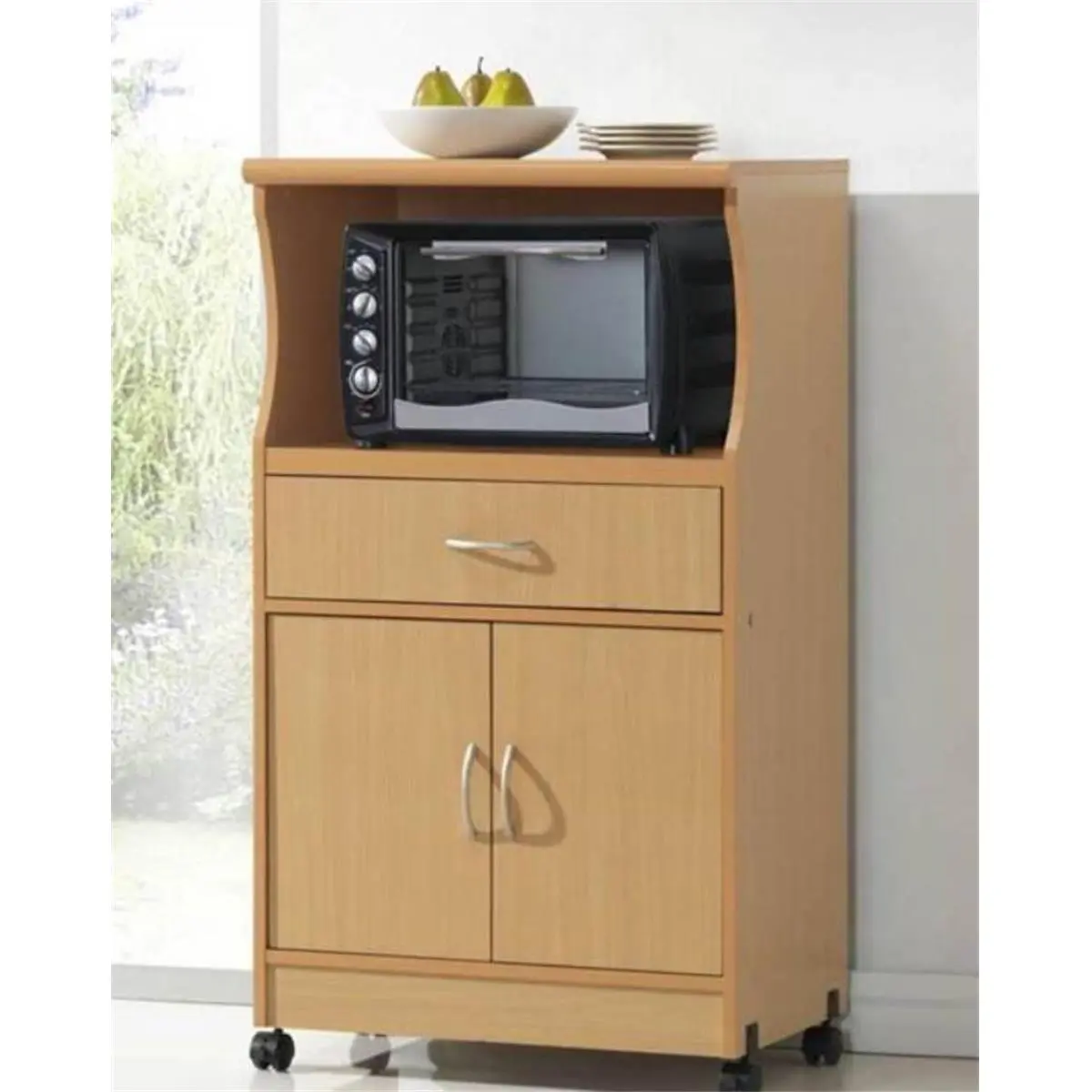 212 MAIN Compact Modern Beech Wood Finish Microwave Cart with Storage Drawers, Wheels, Apartment Furniture for Kitchen Use