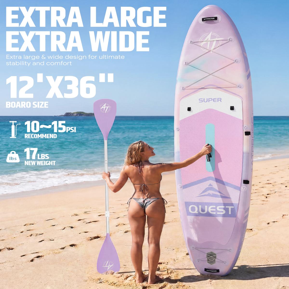 [Summervibes]12'×36" Inflatable Stand Up Paddle Board, 500LBS Extra Wide Capacity, Premium SUP with Kayak Seat for Advanced Paddlers, Fishing, Yoga & Kayaking, Non-Slip Stable Deck, Complete Accessories Kit with Backpack
