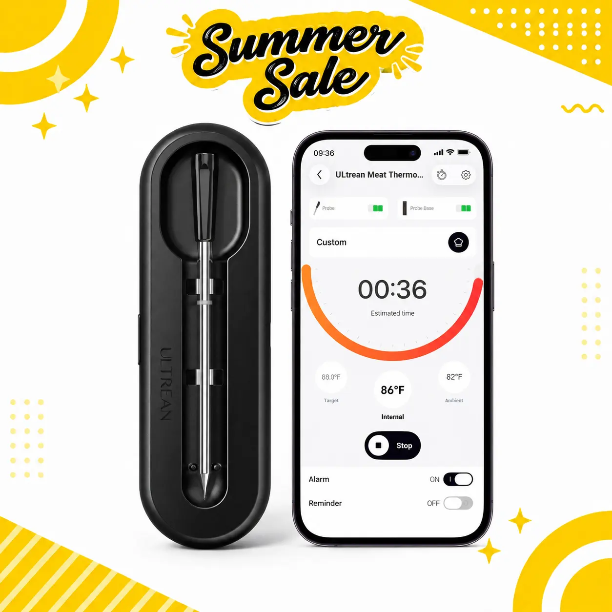 Ultrean Smart Wireless Meat Thermometer for Grilling, Instant Read Digital Thermometer, Independent-Control Magnetic Base & Thin Probe, Accurate Temperature Alerts for BBQ, Oven, Smoker, Air Fryer