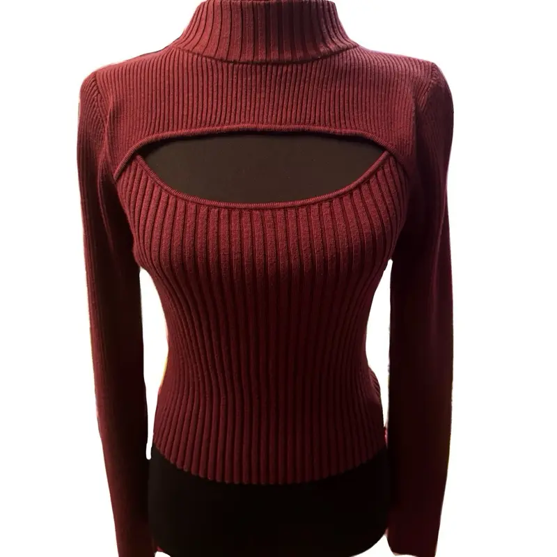 Burgundy Turtleneck chest cutout long sleeve top