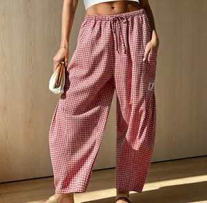 Womens Wide Leg Gingham Striped Plaid Pants Casual Barrel Loose Drawstring Low Waist Pants with Pockets