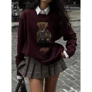 CHENGDEFA Women`s bear round neck sweater knitwear tops,fashion causal  crew neck jumper for spring&fall,going out outfits Long Sleeve Womenswear Style Fabric Knitting Casual Crewneck Burgundy