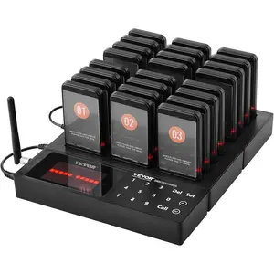 VEVOR Restaurant Pager System, Wireless 400m Long Range Lineup Waiting Queue Signal, Guest Customer Calling Beepers with Vibration & Flashing, 24 Buzzers for Food Truck, Church, Nursery, Hospital