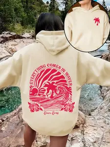 Women's Landscape & Letter Print Drop Shoulder Long Sleeve Hoodie, Fashion Casual Drawstring Pocket Hooded Sweatshirt for Daily Holiday Outdoor Wear, Women Clothing for Fall & Winter