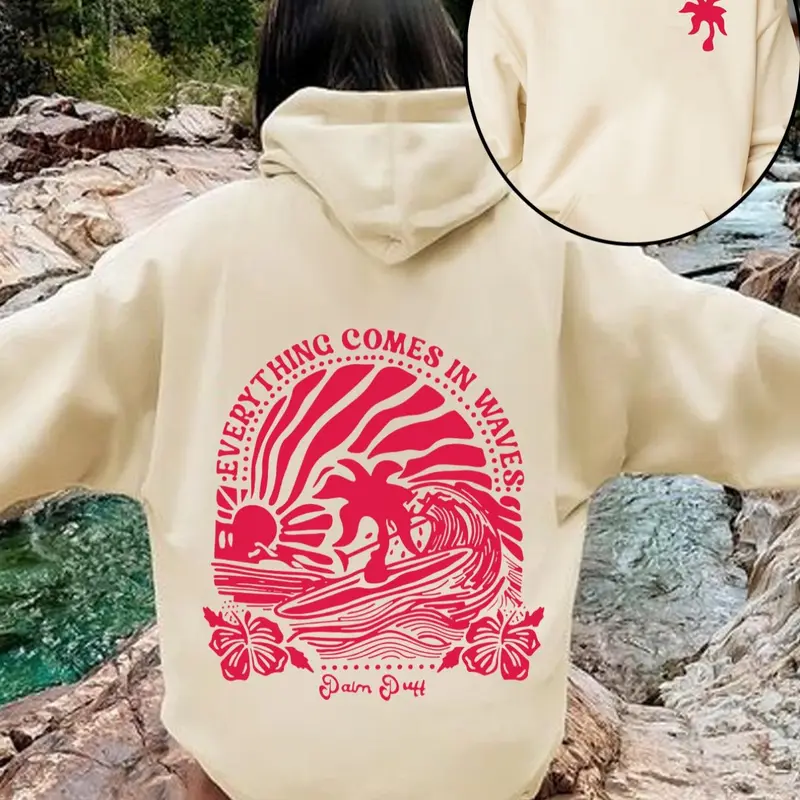 Women's Landscape & Letter Print Drop Shoulder Long Sleeve Hoodie Pullover Tops, Fashion Casual Drawstring Pocket Hooded Sweatshirt for Daily Holiday Outdoor Wear, Women Clothing for Fall & Winter, Graphic Hoodie Sweatshirt