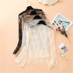 3PCS New Half High Collar Lace Shirt for Women with Hollow Transparent Mesh Top for Spring Versatile Perspective Long Sleeve Bottom