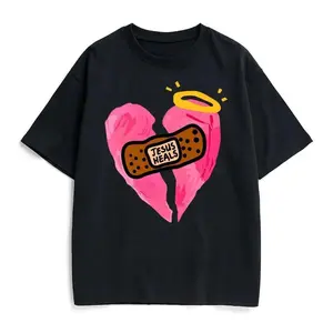 Women's "Jesus Heals" Graphic T-Shirt Cute Broken Heart with Halo & Bandage Design Retro Y2K Soft Cotton Oversized Short Sleeve Top Religious Inspirational Sweatshirt For Healing & Faith Lovers