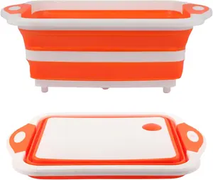 [New deal] - BBQ Prep Tub/Cutting Board 10L, Foldable Dish Tub with Colander, Portable Camping Sink, Multifunction Dishing Basin Bucket Wash Tub for Kitchen Fruit Vegetable Picnic (Orange)