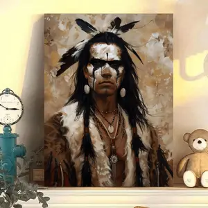 1 Piece Wooden Frame Canvas Art-Iron Crow Aboriginal Warrior, Native American Heritage Wall Decoration, Retro Style 11.8 X15.7 Inch Print, Suitable for Living Room, Bedroom, Home Office, Western Home Decoration