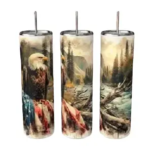 American Eagle 20oz Stainless Steel Insulated Tumbler - Portable, Reusable, Washable, High-Quality Beverage Drinkware with Flag, Insulated Lid, Straw