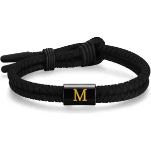 Adjustable  Braided Rope Initial Bracelet for Men Women, Stainless Steel A-Z Letter Charm Bracelets,   Rubber Bracelet  Gifts
