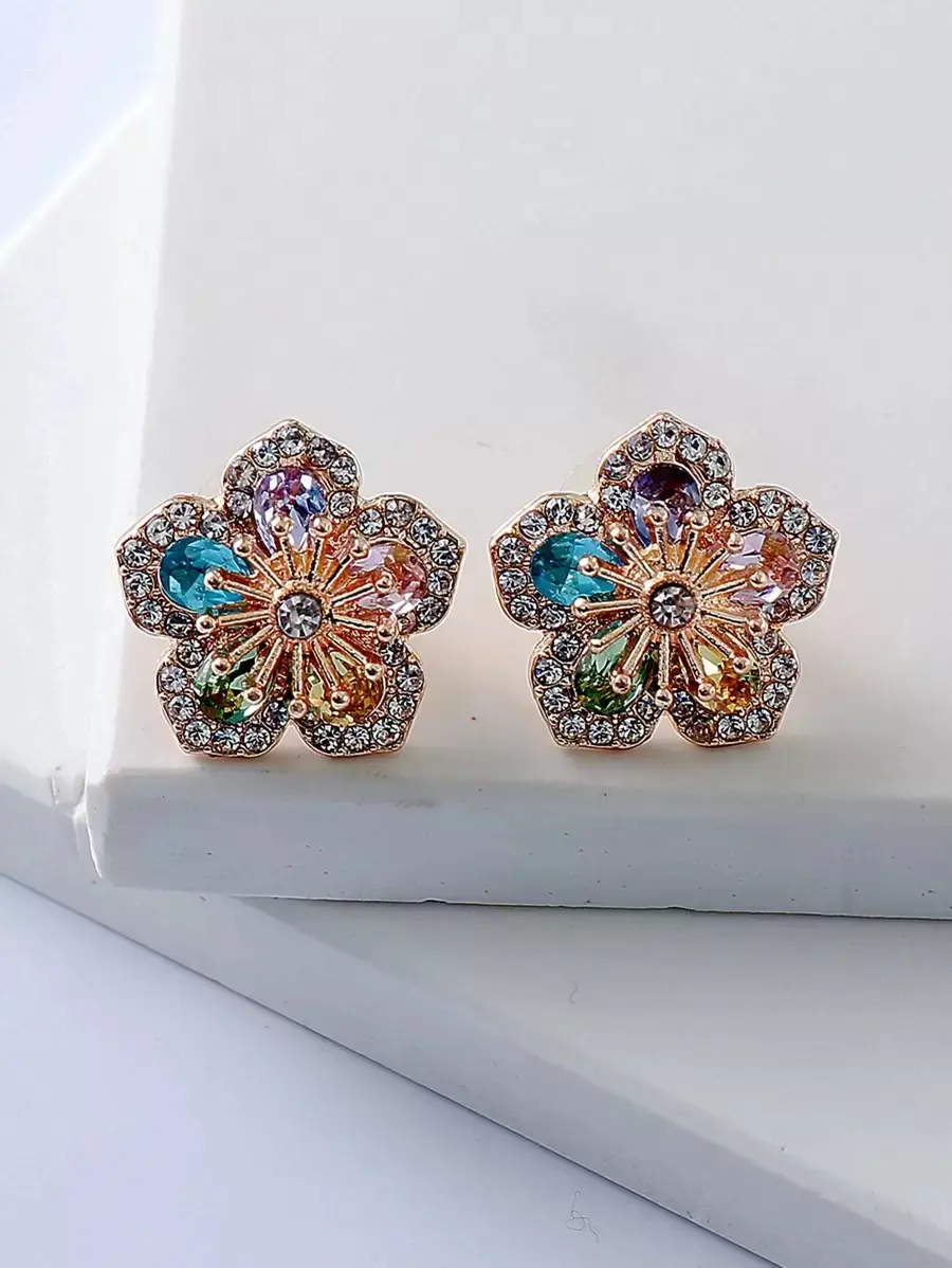 Rhinestone Flower Design Stud Earrings - Women's Jewelry, 1 Size, Feminine Aesthetic, Bling Effect, Valentine's Day Gift for Moms, Jewelry For Women, One Size