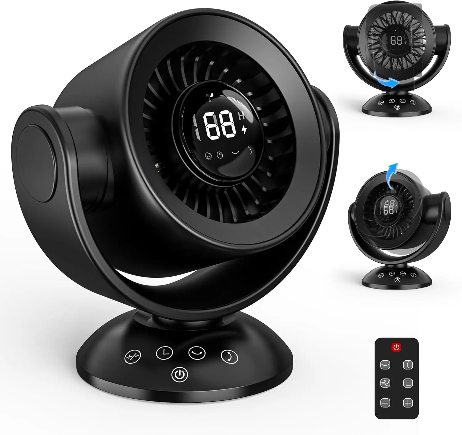Quiet Rechargeable USB Oscillating Desk Air Circulator Fan with Remote 90°Vertical 120°Auto Oscillation 100 Speeds 10H Timer Digital Display for Bedroom Home Office Travel Black