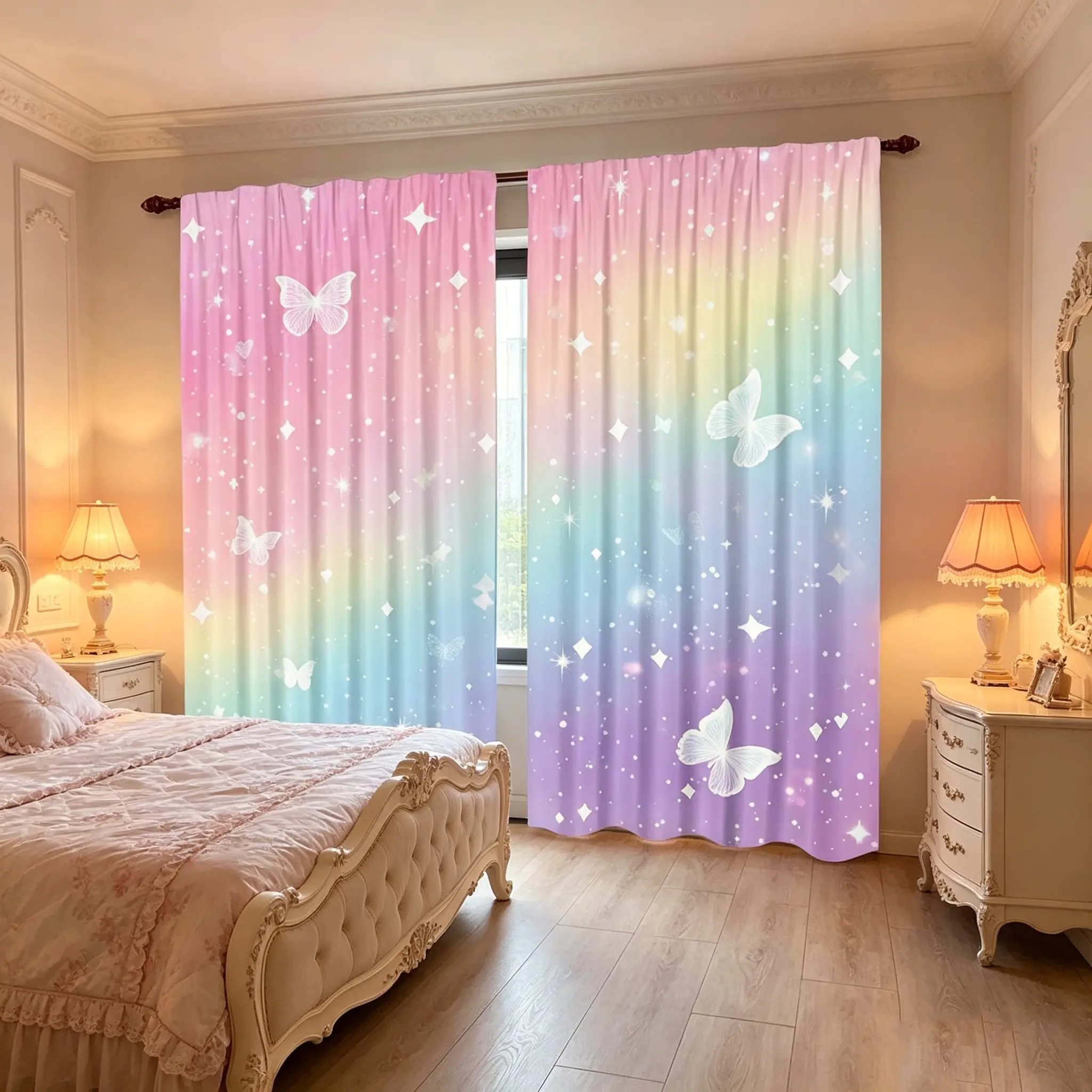Rainbow Butterfly Starry Sky Curtains, Home Decoration Curtain, for Girls' Bedroom Window Drapes Pole Pocket Gradient Colors Children's Room Decoration Sky Clouds Star Art Printing Living Room Curtains Home Decorative Curtain 2-piece Set