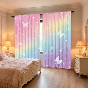 Rainbow Butterfly Starry Sky Curtains for Girls' Bedroom Window Curtain Pole Pocket Gradient Colors Cute and Elegant Children's Room Decoration Sky Clouds Star Art Printing Baby Nursery Princess Style Living Room Curtains 2-piece Set