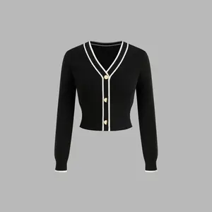 Cider [2 colors, size 2-26] Knit V-neck Solid Contrasting Binding Button Cardigan